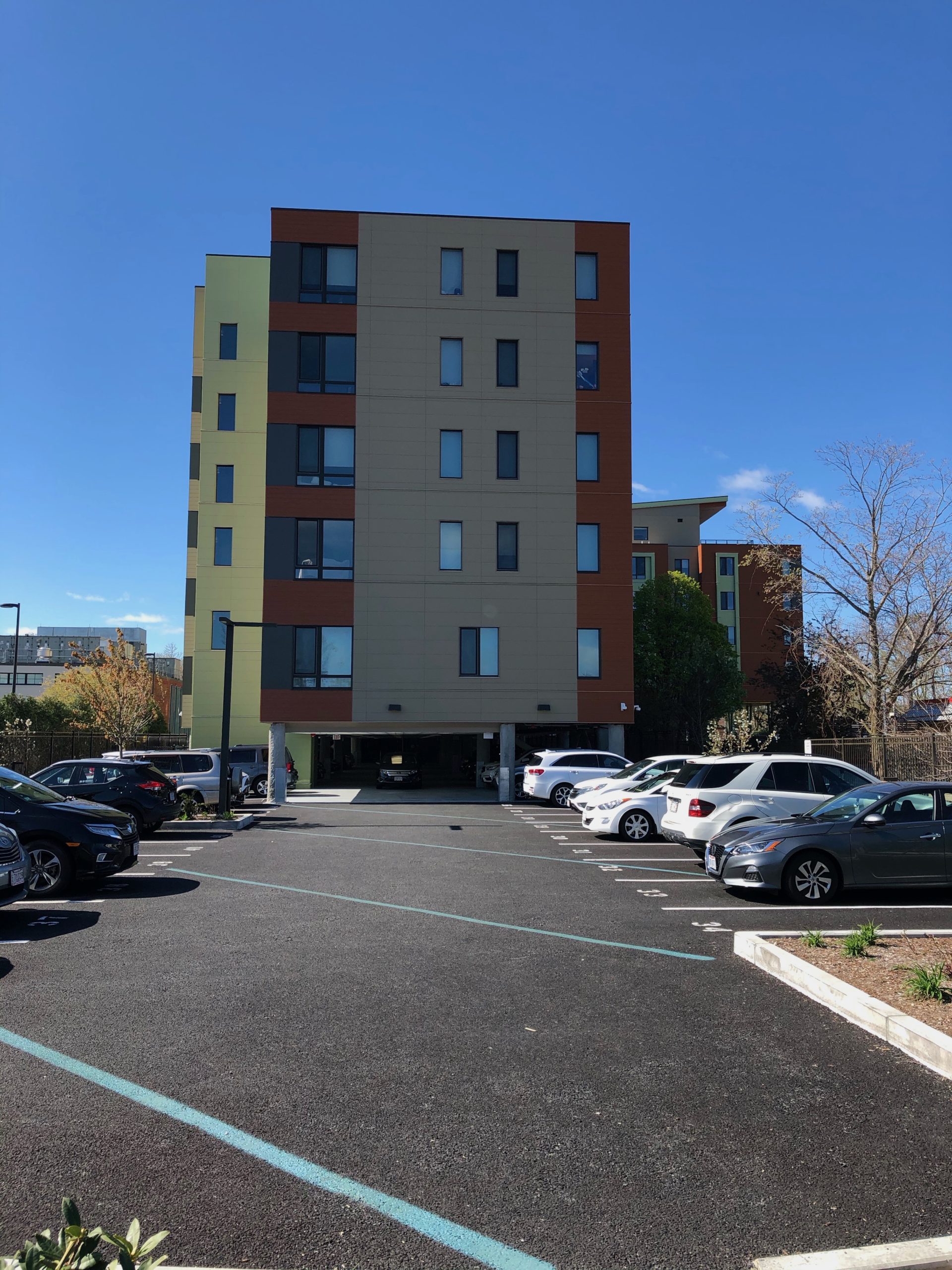 A view of Finch and the parking lot from the pocket park